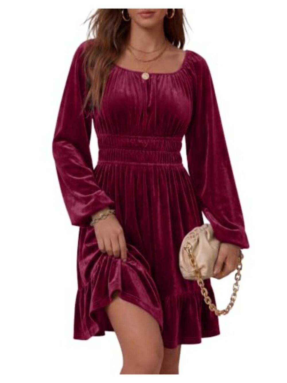 Women Velvet Mini Dress Long Lantern Sleeve Square Neck A-Line Smocked